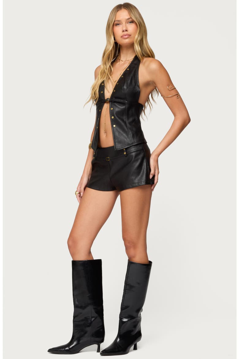 Reese Studded Split Front Faux Leather Halter Top, Alternate, color, BLACK