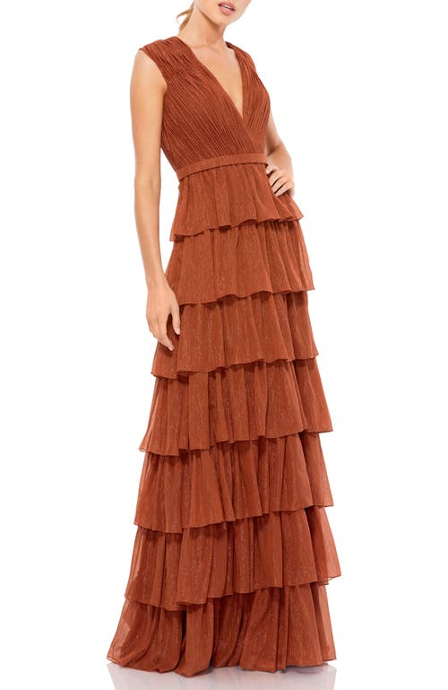 Mac Duggal Plunge Neck Ruffle Tiered Gown In Nutmeg