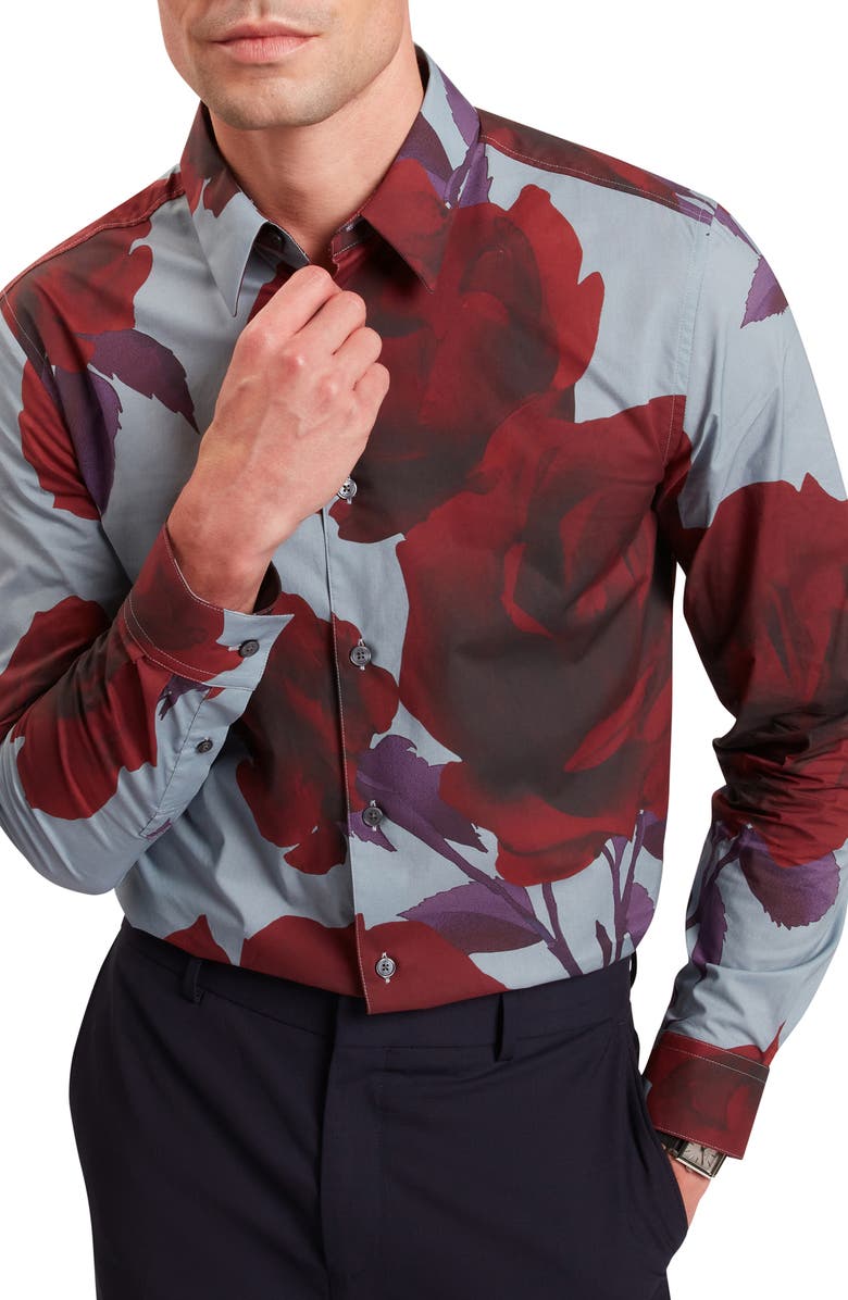 Ted Baker Quorik Floral Print Button-Up Shirt, Main, color, Navy