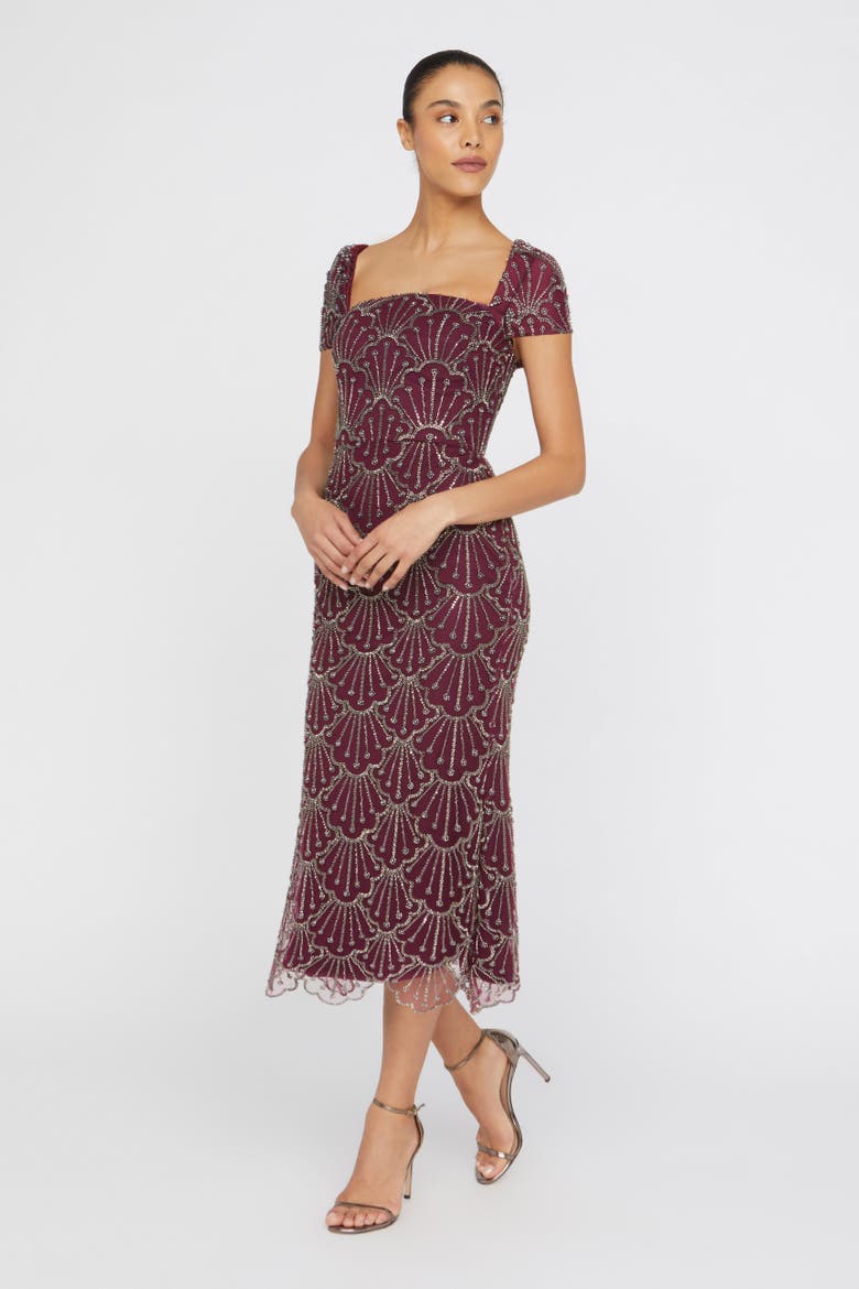 Serena Beaded Cocktail Square-Neck Sheath Dress, Alternate, color, Oxblood