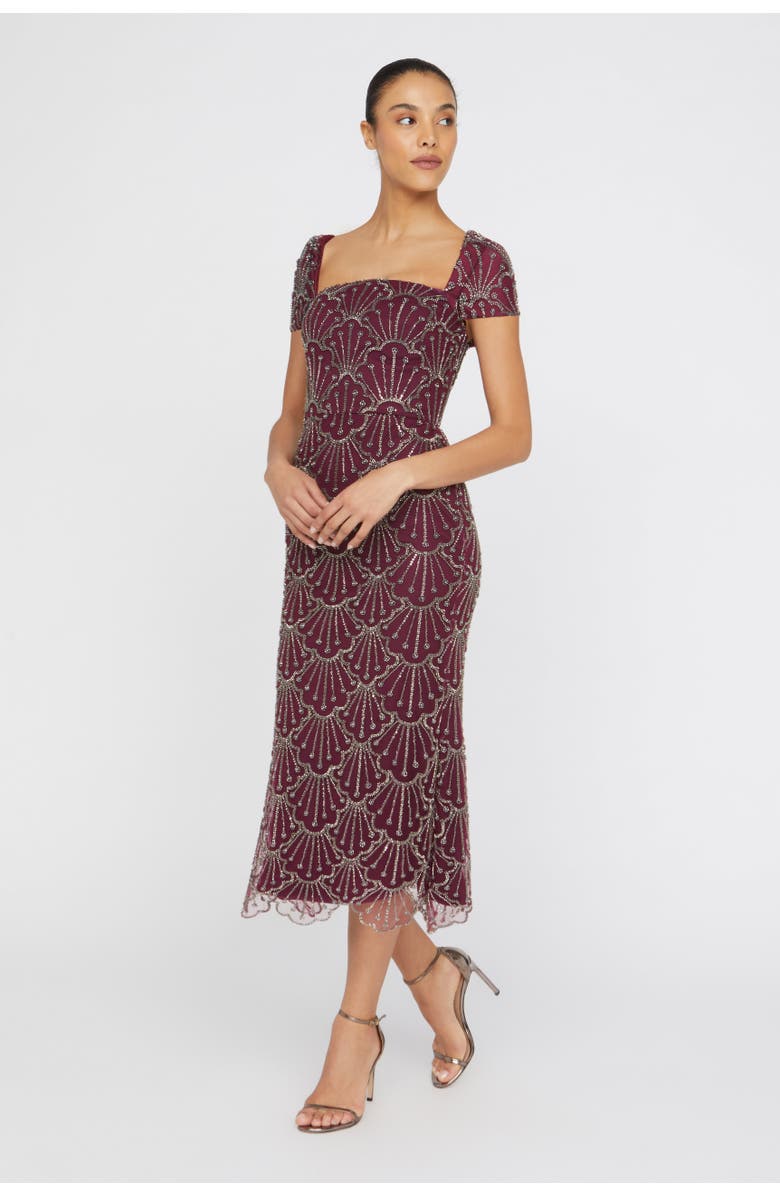 Theia Serena Beaded Cocktail Square-Neck Sheath Dress, Alternate, color, Oxblood