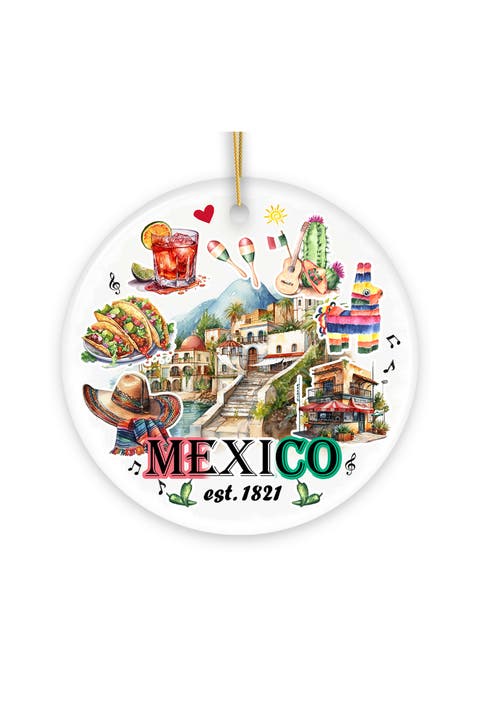 Mexico Est 1821 Watercolor Landmarks Ornament