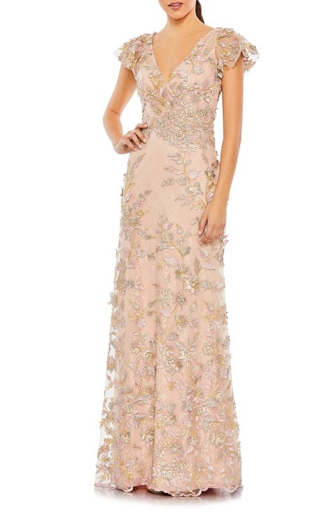 Embroidered Applique Wrap Over Flutter Sleeve Gown