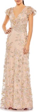 Mac Duggal Embroidered Applique Wrap Over Flutter Sleeve Gown