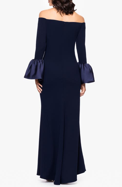 Betsy & Adam Off The Shoulder Long Sleeve Scuba Crepe Gown In Blue