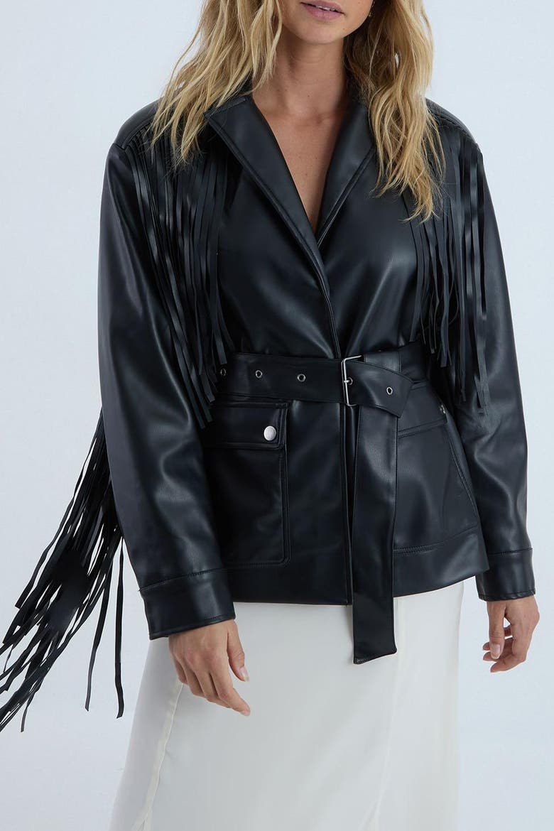 Fringe Faux Leather Belted Jacket, Alternate, color, Black