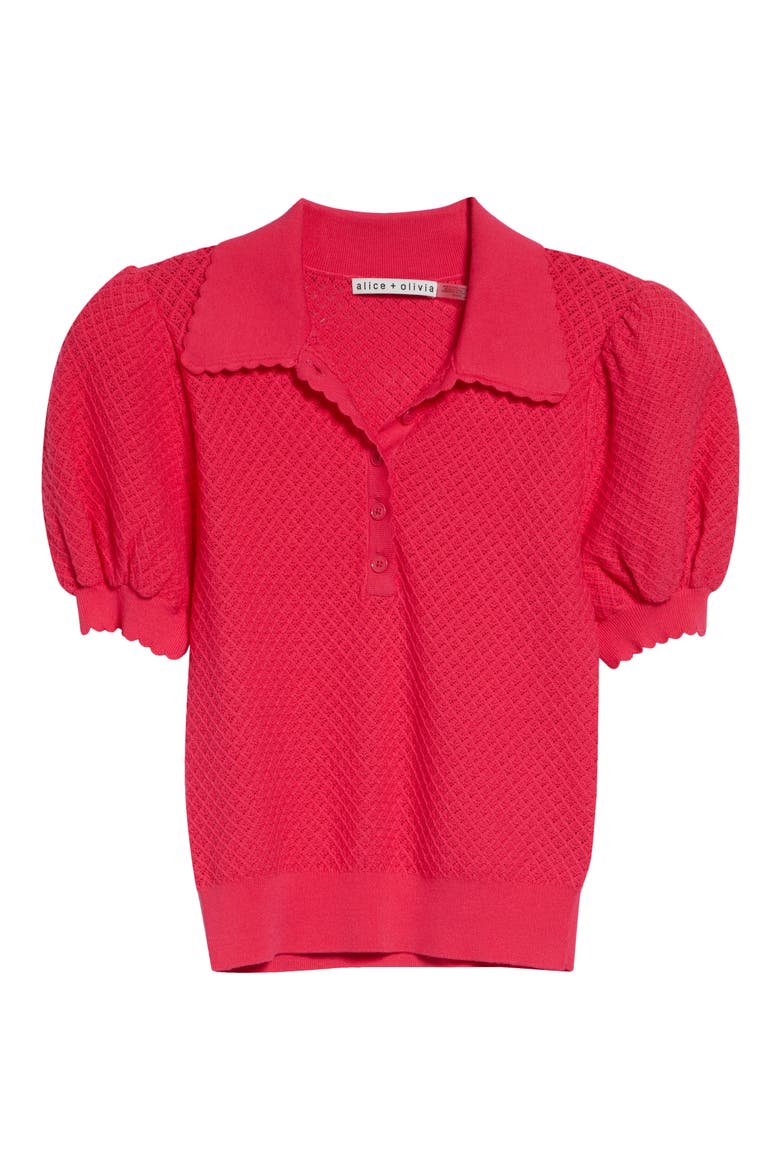 Ramona Puff SleevePointelle Polo Sweater, Alternate, color, DEEP PINK