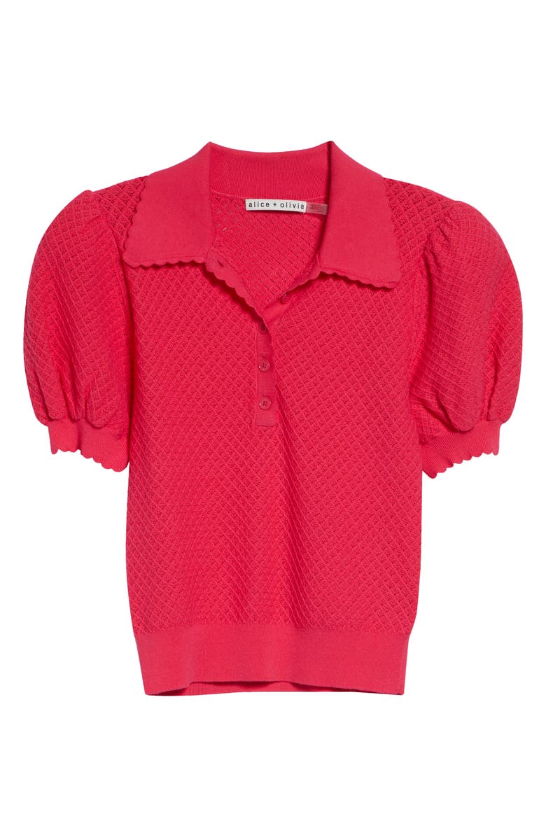 Alice + Olivia Ramona Puff SleevePointelle Polo Sweater, Alternate, color, Deep Pink