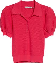 Alice + Olivia Ramona Puff SleevePointelle Polo Sweater