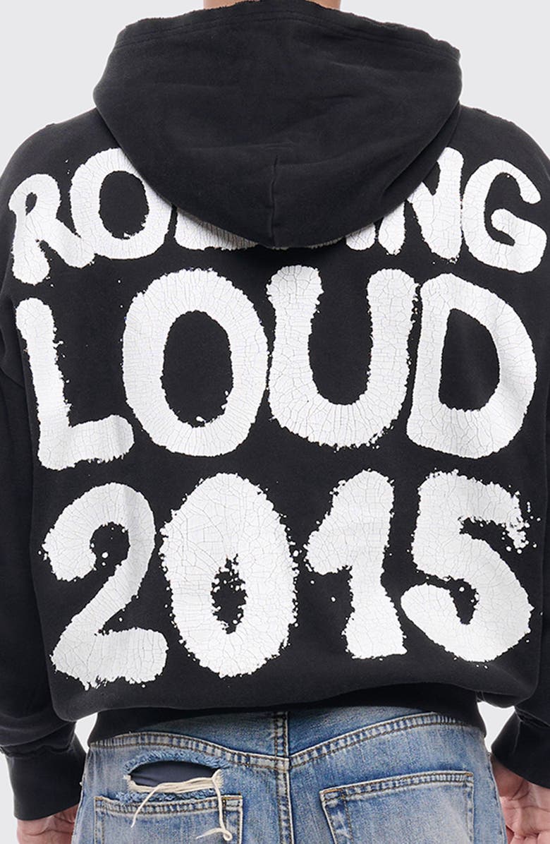 Rolling Loud Mosh Distressed Graphic Zip Hoodie, Alternate, color, Black
