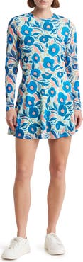 ORIGINAL PENGUIN GOLF Papercut Floral Long Sleeve Mesh Fit & Flare Dress