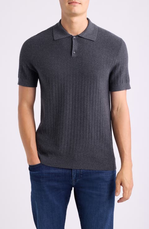 Short Sleeve Ribbed Cotton & Cashmere Polo Sweater
