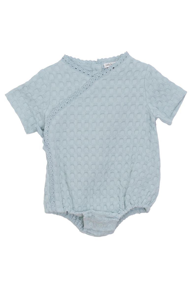 Textured Waffle Wrap Front Snap Closure Romper, Main, color, Cool Sky