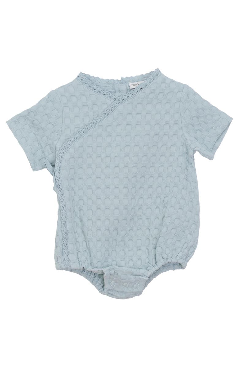 Little Fragile Textured Waffle Wrap Front Snap Closure Romper, Main, color, Cool Sky