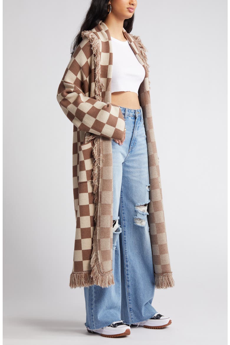 Fringe Blanket Cardigan, Alternate, color, TAN CHECK