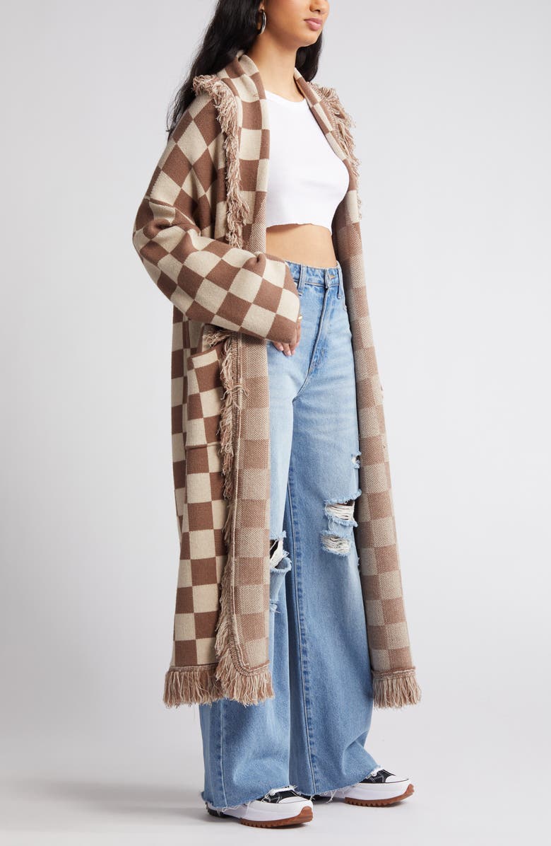 Dressed in Lala Fringe Blanket Cardigan, Alternate, color, Tan Check