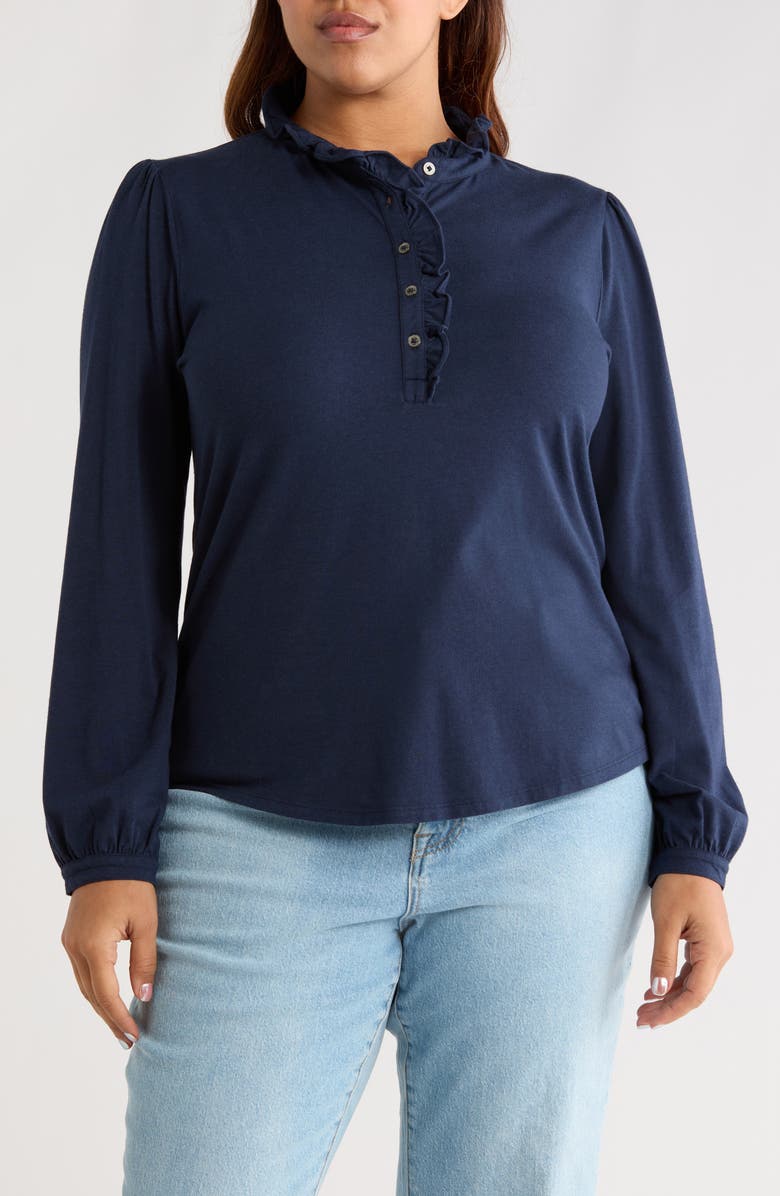 Caslon<sup>®</sup> Ruffle Detail Long Sleeve Henley, Main, color, Navy Still