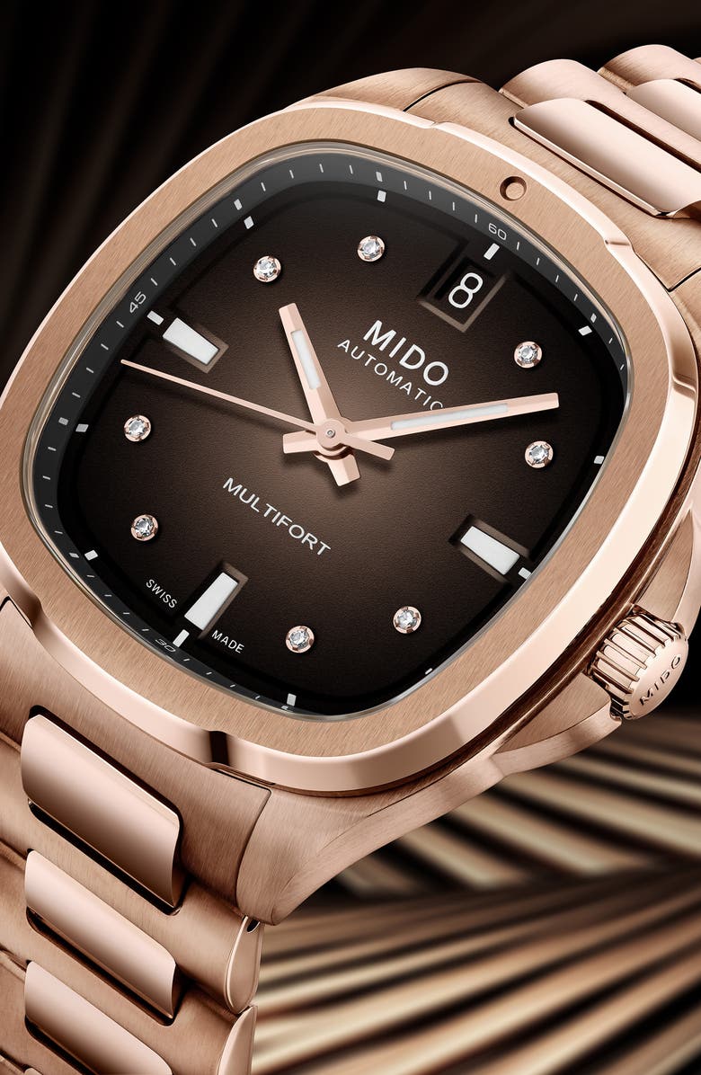 MIDO Multifort Diamond Square Automatic Bracelet Watch, 35mm, Alternate, color, Brown