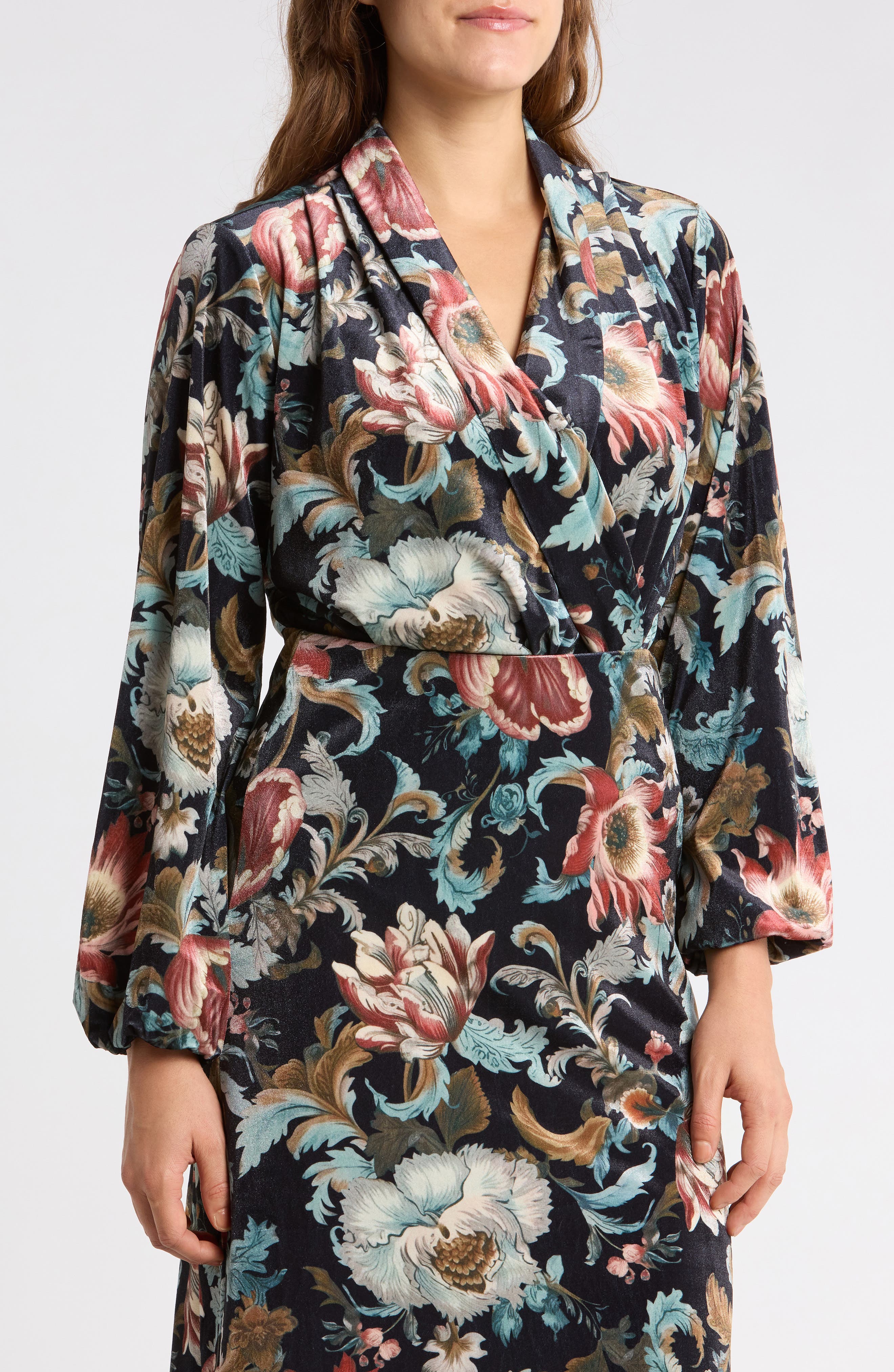 Floral Print Stretch Velvet Wrap Top