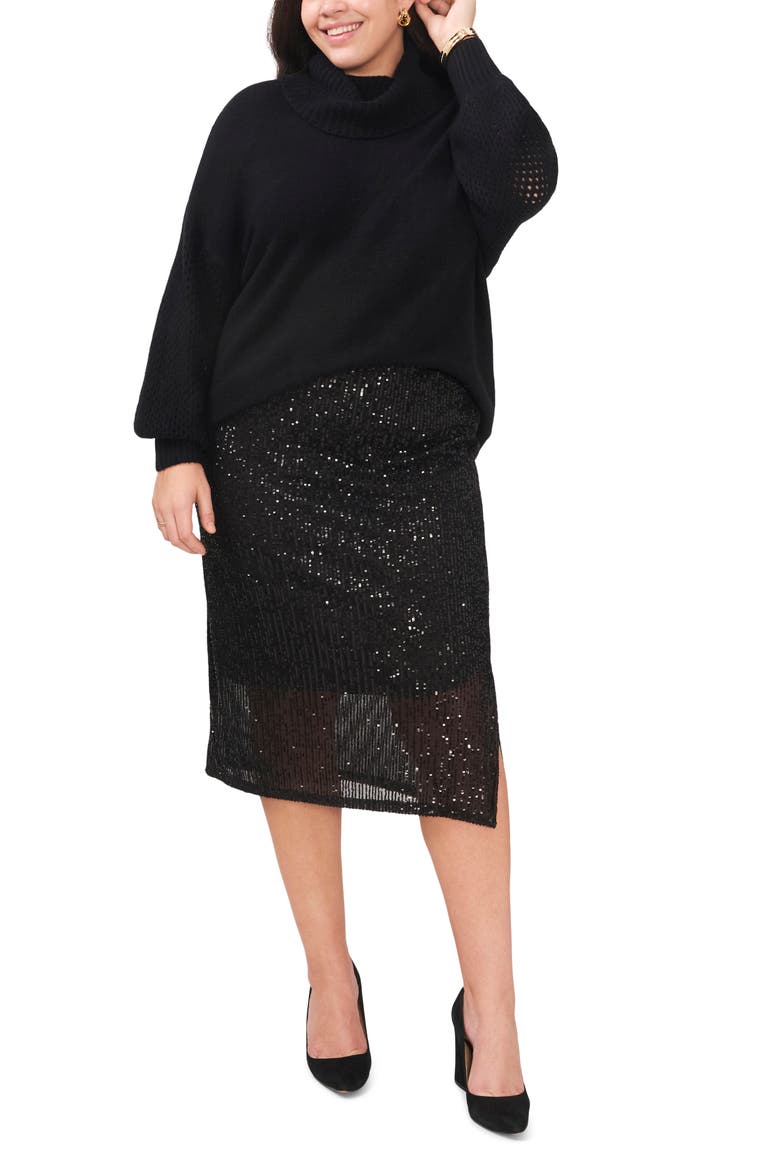 Sequin Slit Hem Midi Skirt, Alternate, color, RICH BLACK