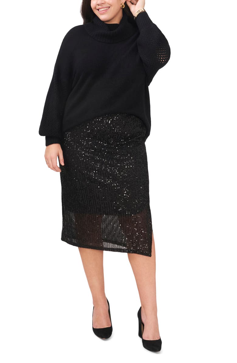 Vince Camuto Sequin Slit Hem Midi Skirt, Alternate, color, Rich Black
