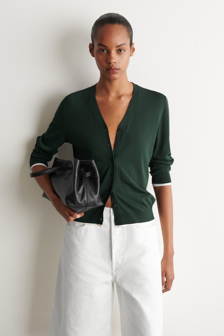 Layered-detail Knitted V-neck Cardigan, Main, color, DARK GREEN / WHITE
