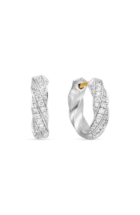 Cable Edge™ Huggie Hoop Earrings in Recycled Sterling Silver with Pavé Diamonds