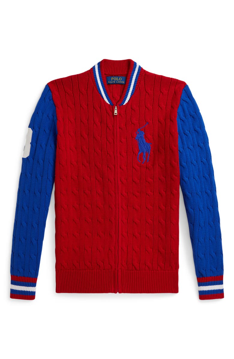 Polo Ralph Lauren Cotton Cable Zip Cardigan, Main, color, Red Multi