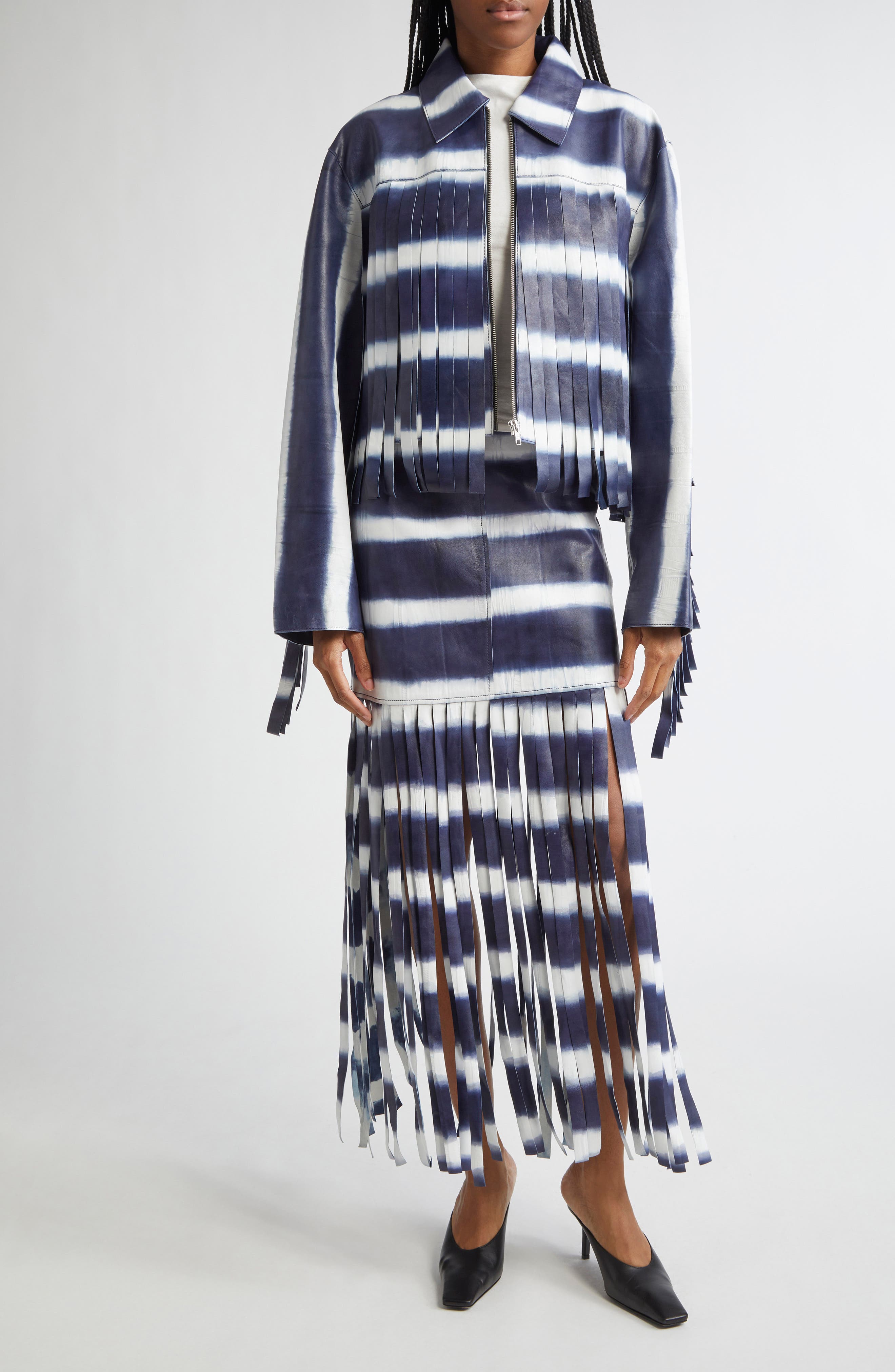 Charlotta Fringe Stripe Crop Leather Jacket - image 2