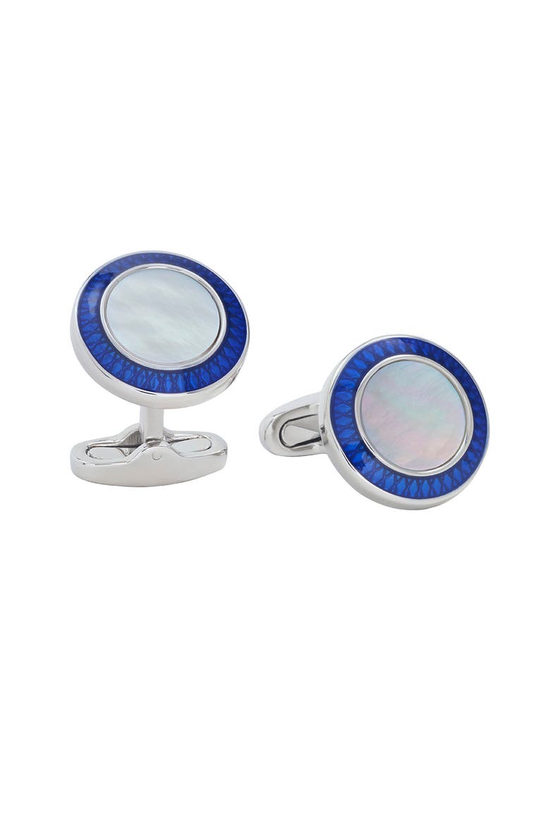 Round Mother of Pearl Cufflinks with Blue Border, Main, color, White