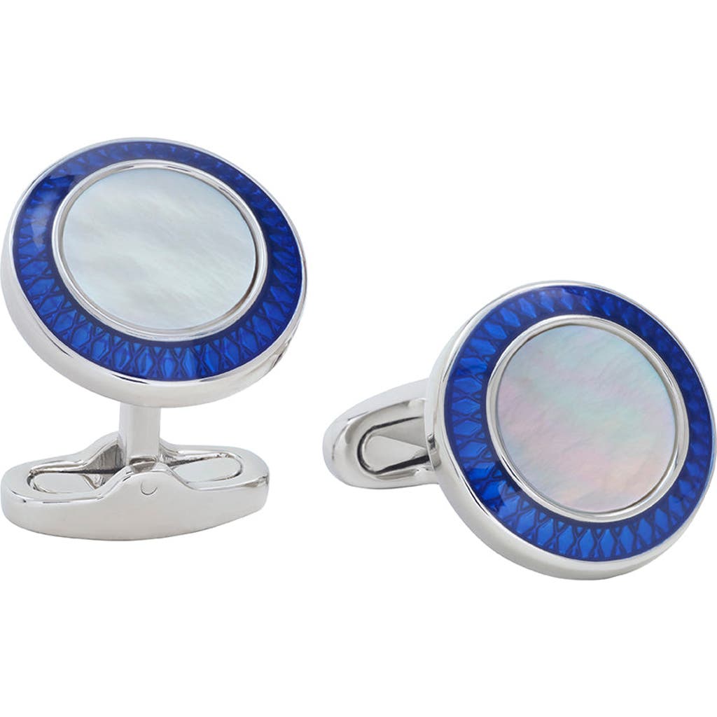 Link Up Round Mother Of Pearl Cufflinks With Blue Border In Metallic