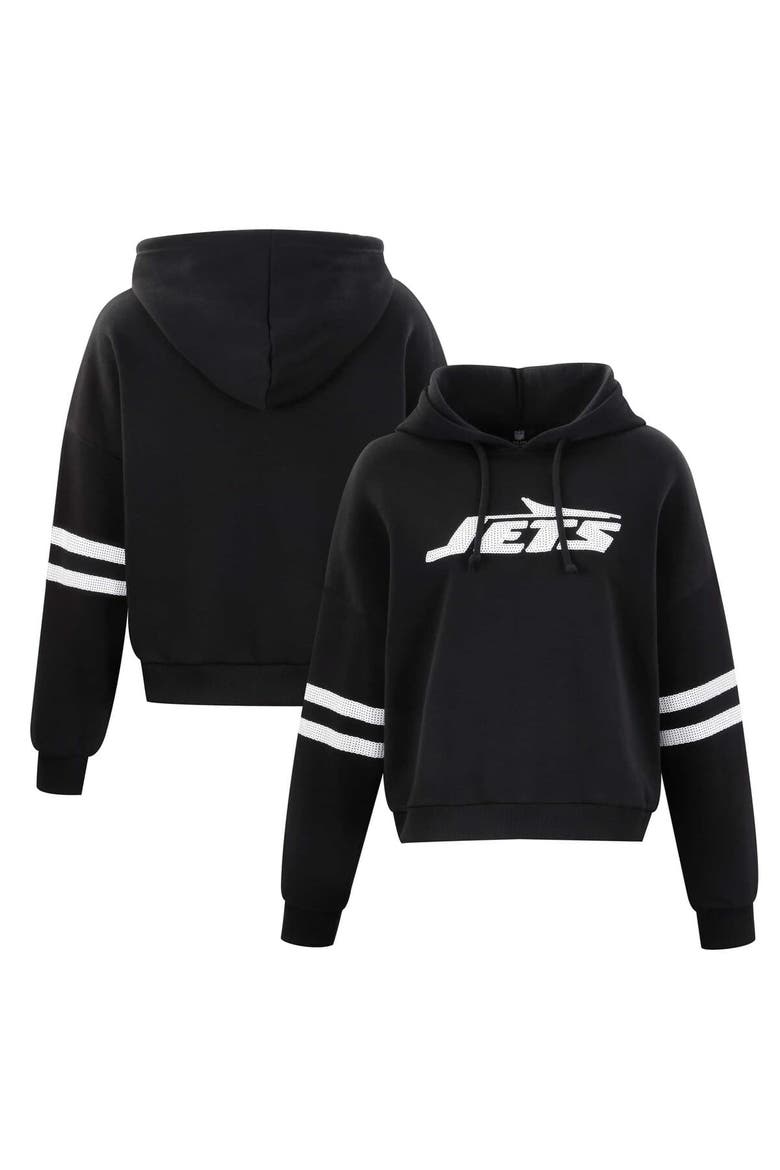 Women's Cuce Black New York Jets Cropped Sequins Pullover Hoodie, Main, color, Black