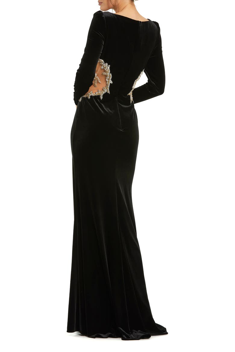 Long Sleeve Sheer Embellished Velvet Gown, Alternate, color, Black