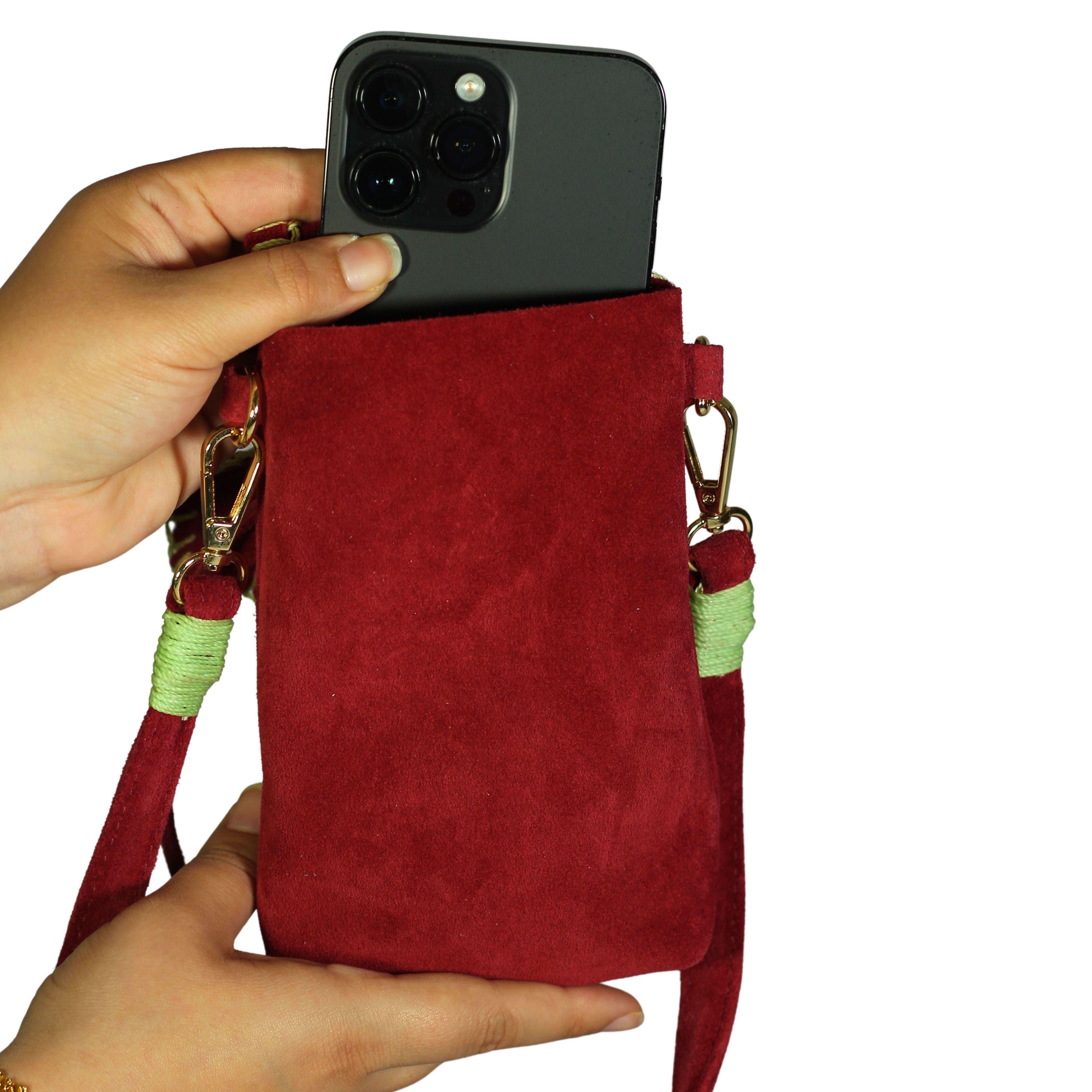 Cell Phone Butterfly Suede Leather Bag, Alternate, color, Malbec