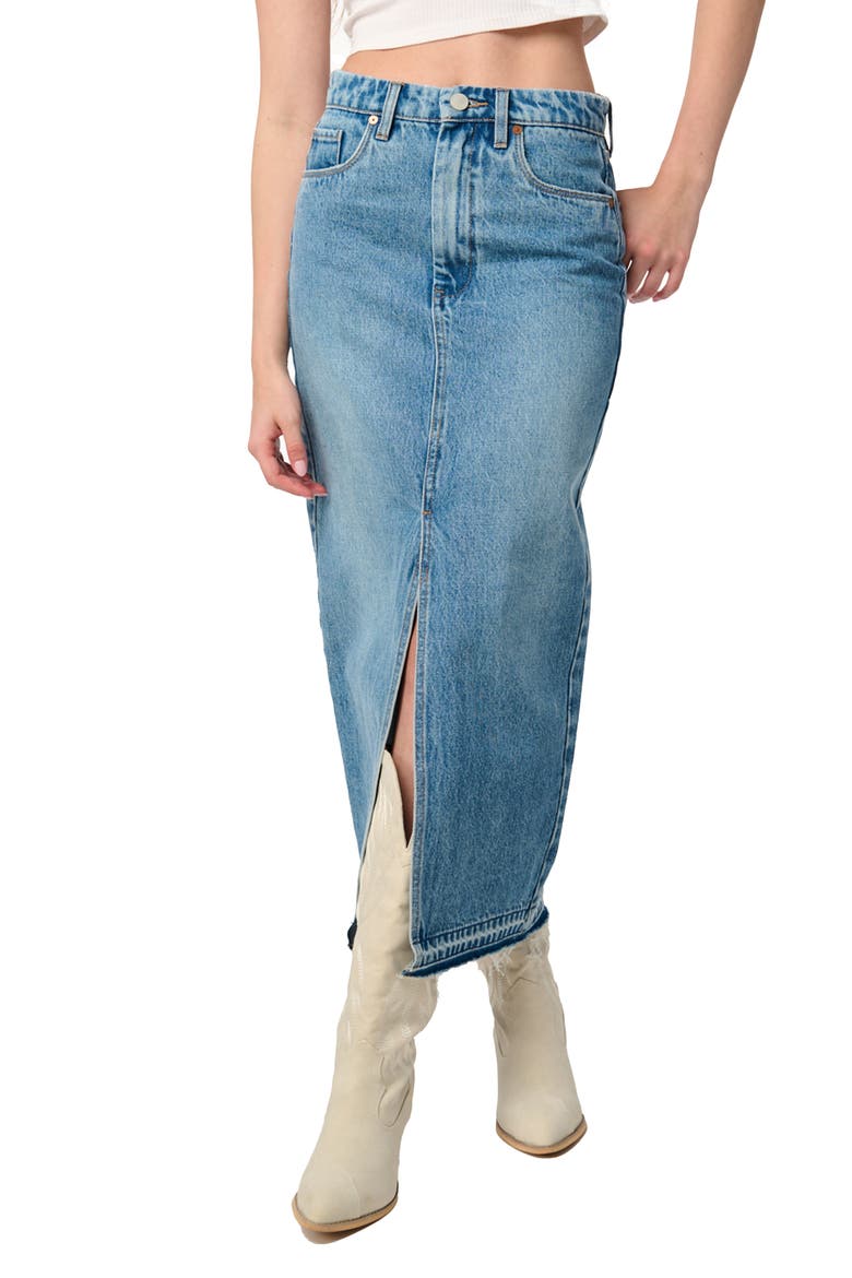 High Waist Front Slit Denim Skirt, Main, color, DOUBLE DUTY