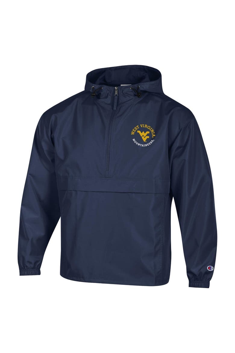 Men's Champion  Navy West Virginia Mountaineers Packable Hooded Windbreaker Half-Zip Jacket, Alternate, color, Navy