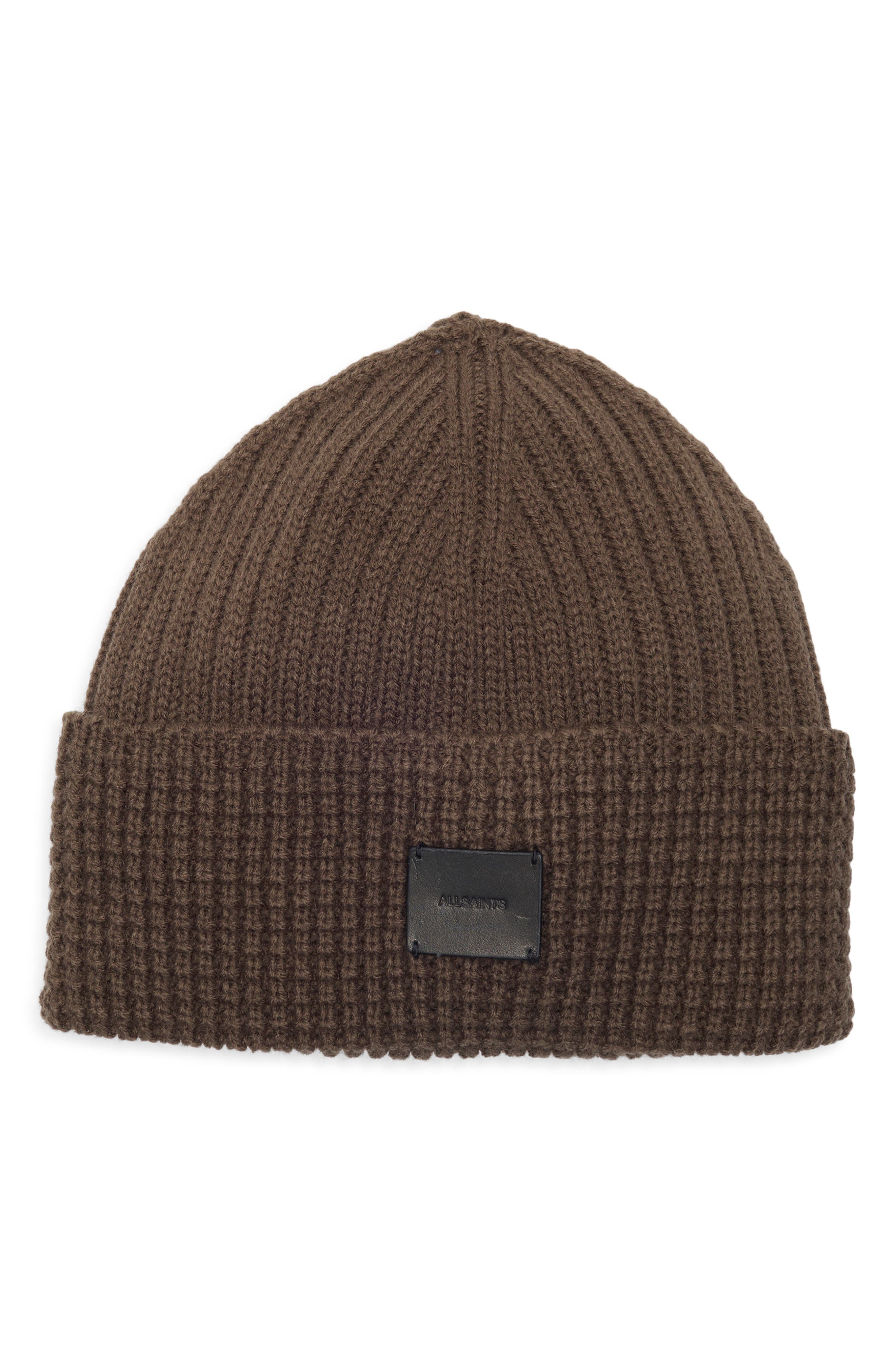 Allsaints Logo Patch Cuffed Beanie In Brown