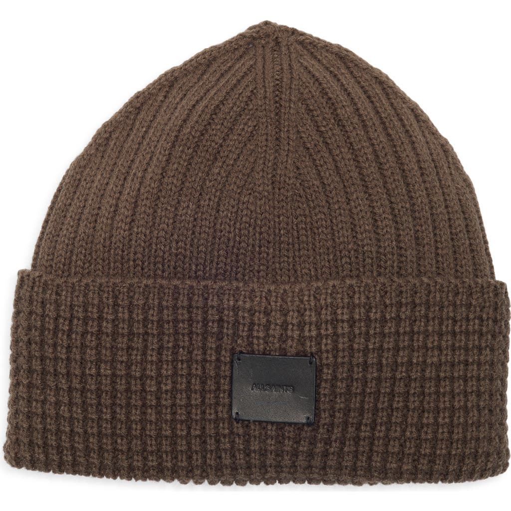 Allsaints Logo Patch Cuffed Beanie In Brown