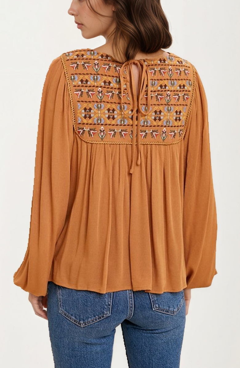 Knit and Lounge Embroidered Yoke Long Sleeve Peasant Blouse, Alternate, color, Brown / Multicolor