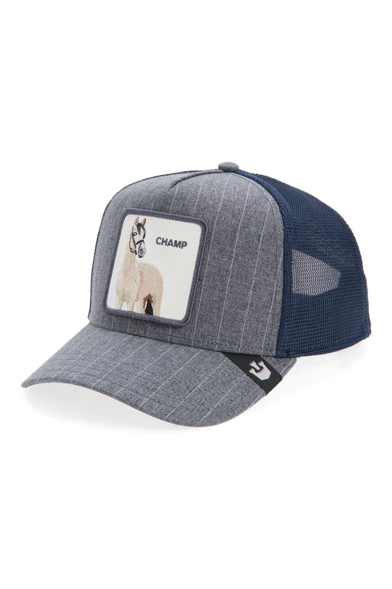 Suited Champ Snapback Trucker Hat, Main, color, NAVY