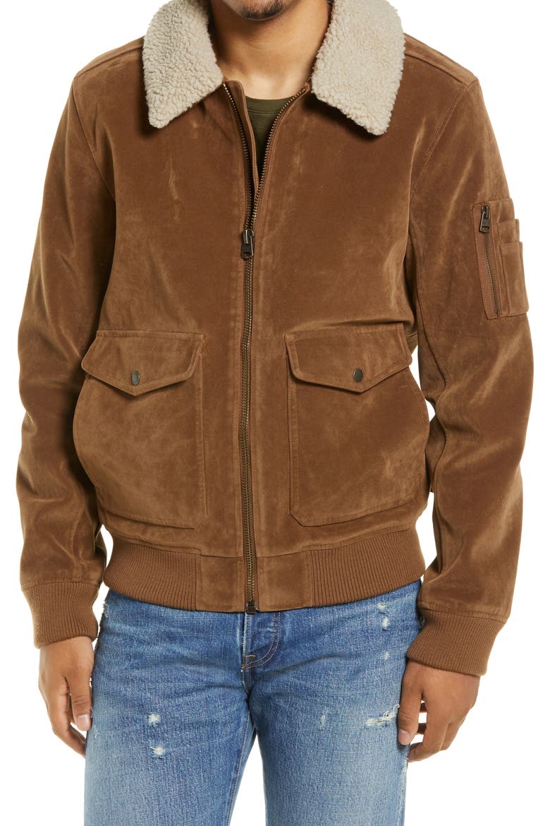 Levi's® Faux Suede Aviator Bomber Jacket with Removable Faux Shearling Collar, Alternate, color, COGNAC/ CREAM