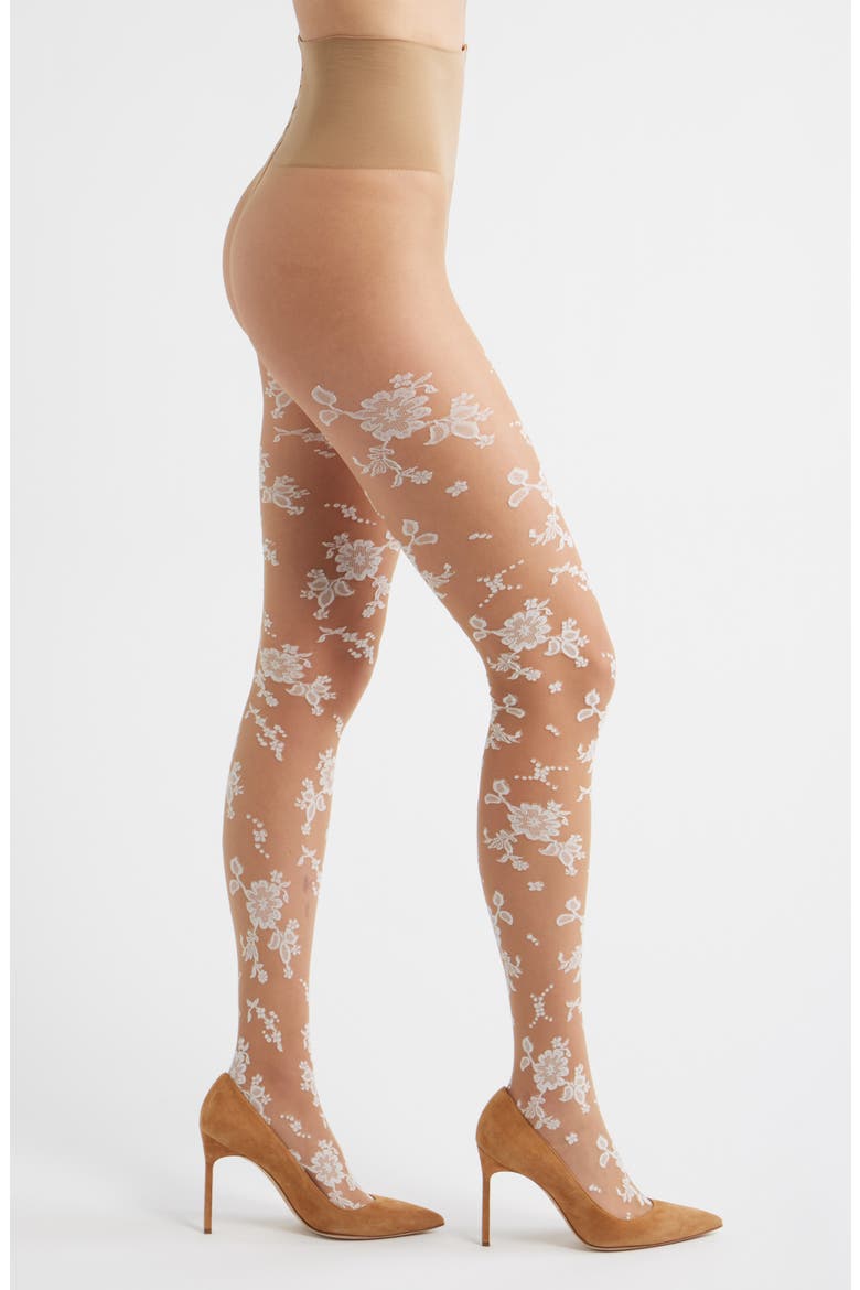 Flocked Floral Tights, Main, color, WHITE