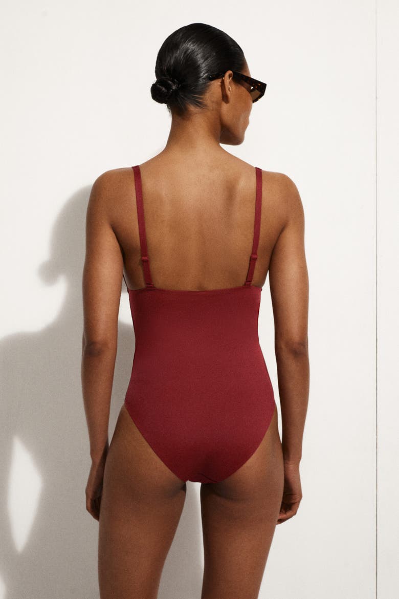 Bonded Scuba Knit V-Neck Swimsuit, Alternate, color, DARK RED