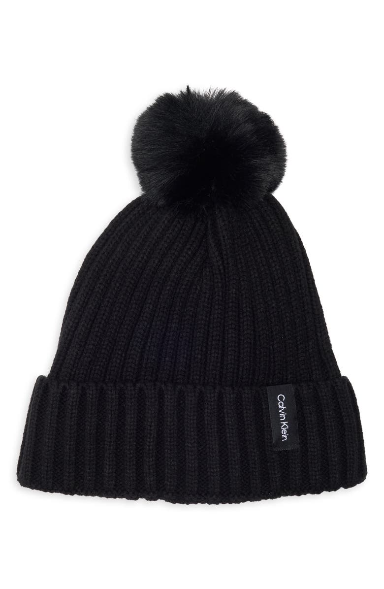Calvin Klein Faux Fur Pompom Beanie, Main, color, Black