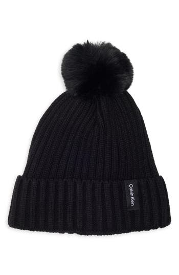 Calvin Klein Faux Fur Pompom Beanie In Black