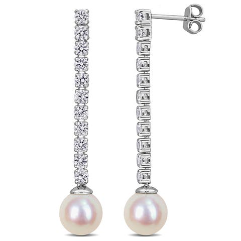 Pearl & Created White Sapphire Dangle Earrings