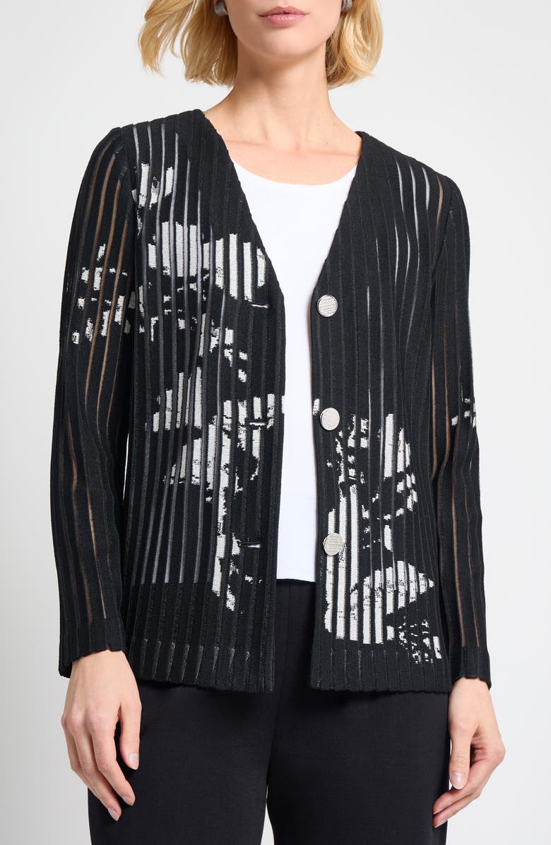 Misook Abstract Print Sheer Stripe Cardigan, Main, color, 