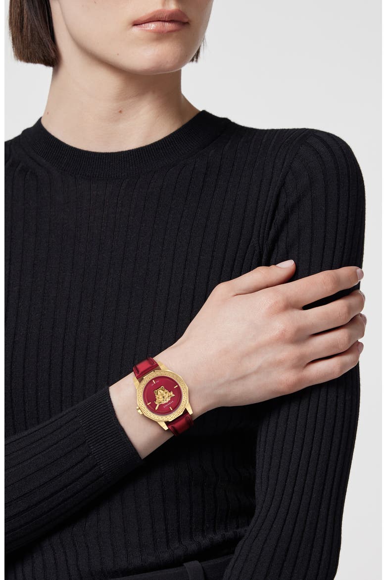 Medusa Deco Leather Strap Watch, 38mm, Alternate, color, IP YELLOW GOLD