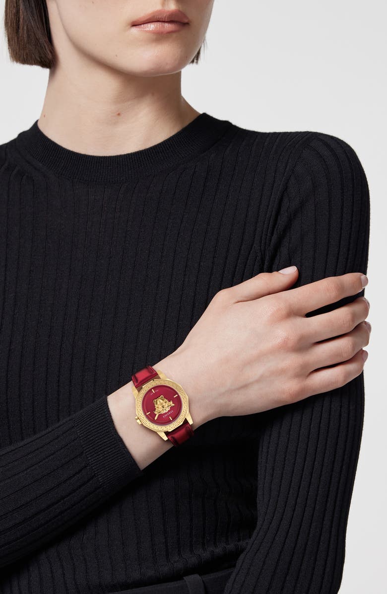 Versace Medusa Deco Leather Strap Watch, 38mm, Alternate, color, Ip Yellow Gold