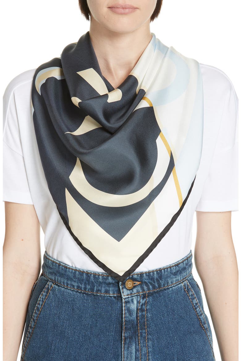 Stripe Anagram Print Silk Twill Scarf, Alternate, color, DARK NAVY BLUE